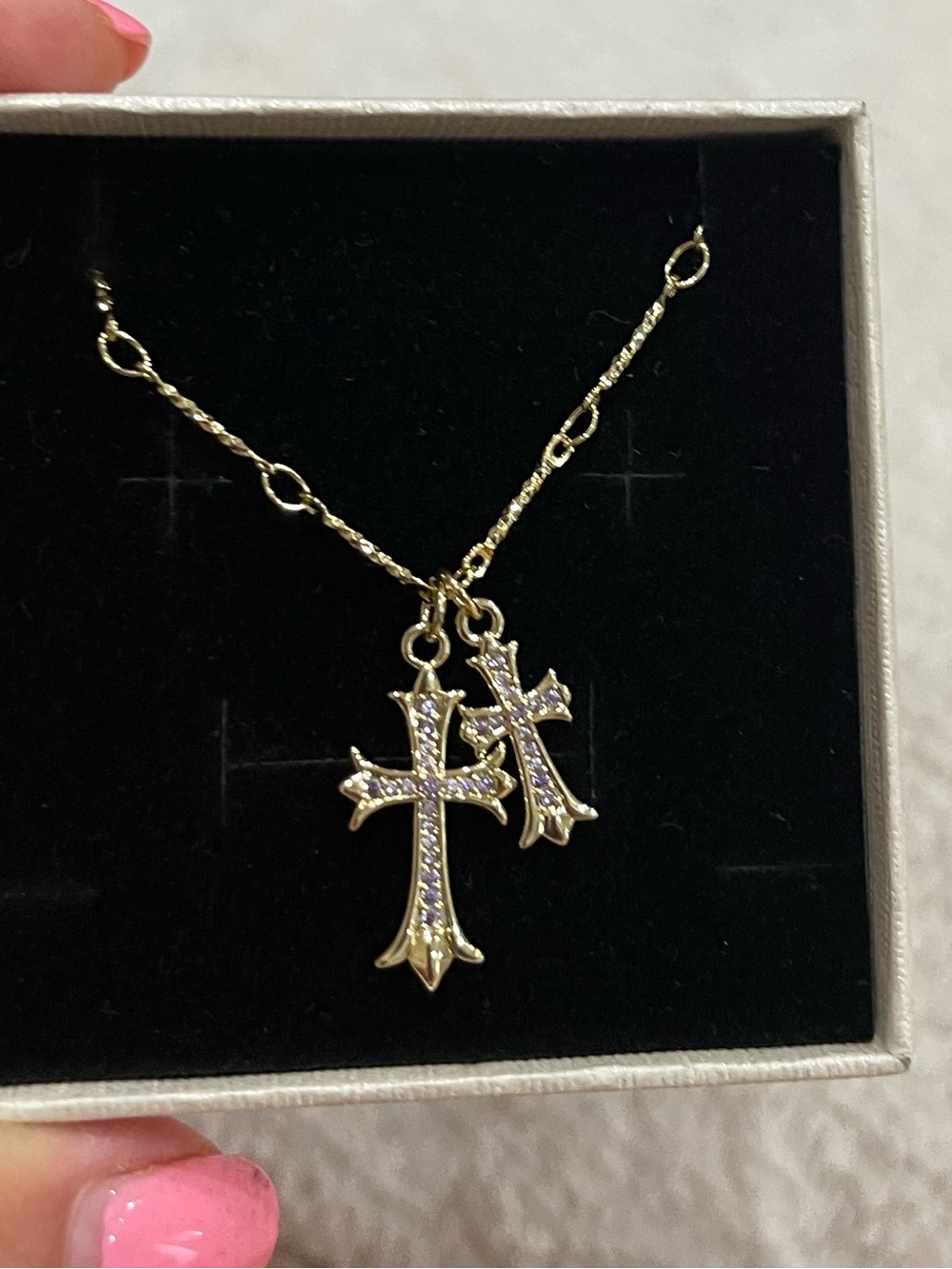 Set of 10 necklaces. gold tone double Cross Pendant Necklaces